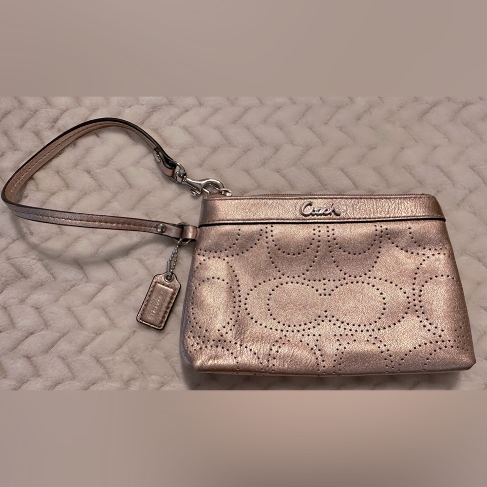COACH Metallic Gold Leather Wristlet With Perforated C- Signature Design